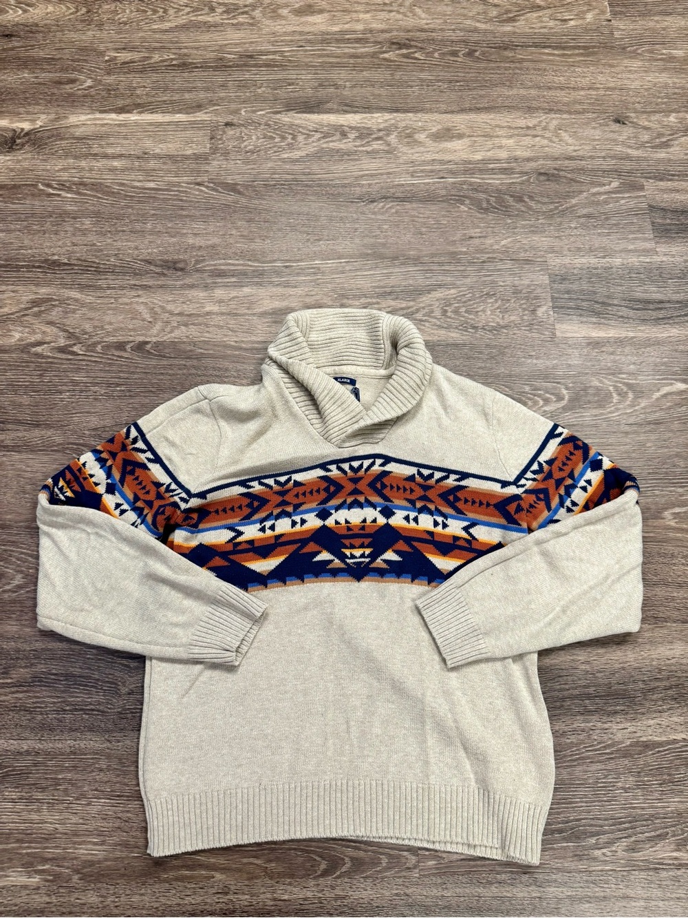 Men’s XL Southwestern Geometric Shawl Collar Pullover Sweater Oatmeal Blue